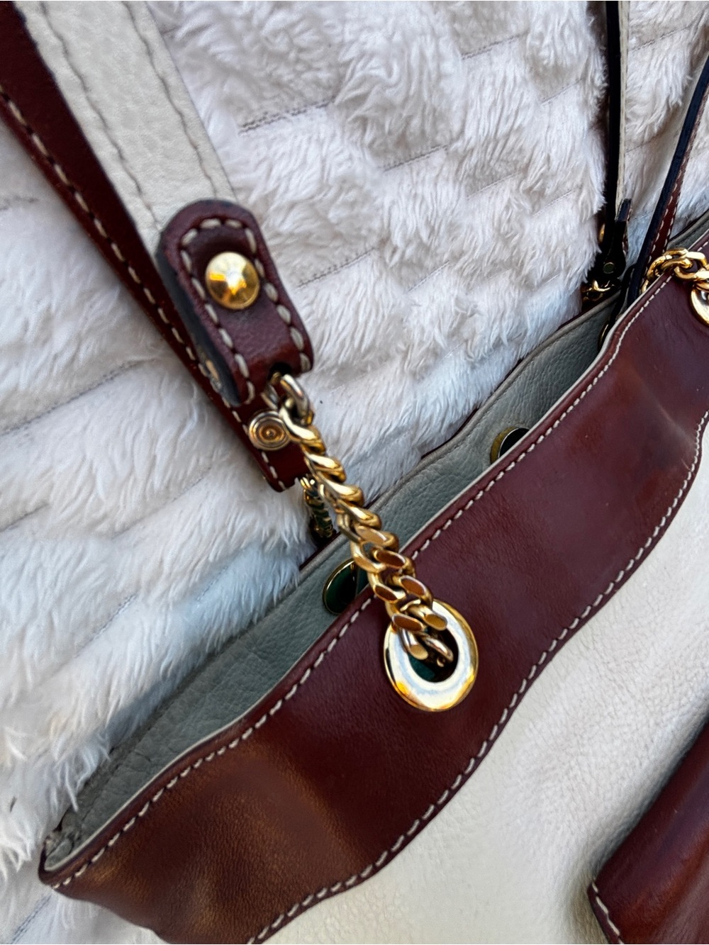 Bally Italy Cream Chestnut Leather Shoulder Tote Chain leather lined - Picture 2 of 8